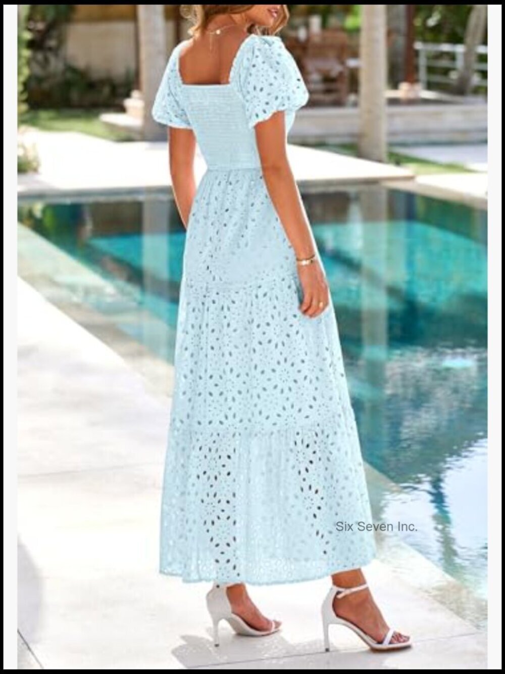 Cotton Eyelet Square Neck Puff Sleeve Smocked Maxi Dress with Pockets - Picture 2 of 7